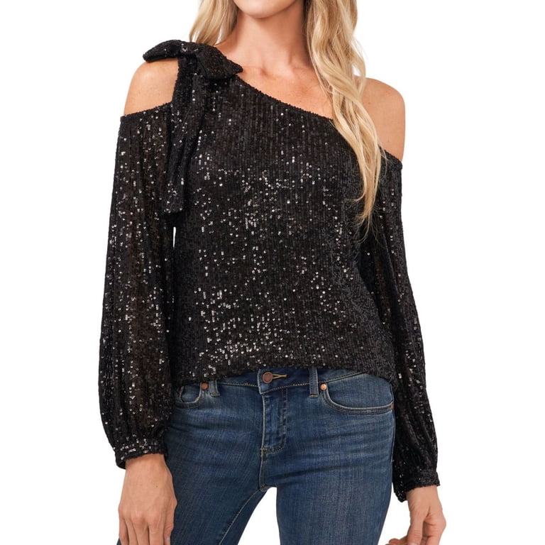 cece one shoulder ruffled sequin dress CeCe Sequin One Shoulder Top Women's Clothing Rich Black : MD