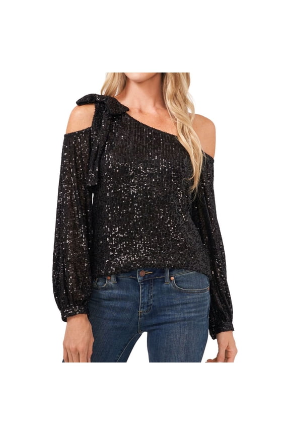 womens One Shoulder Bow Blouse, l, Black