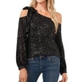 thumbnail image 1 of CeCe Womens Sequin Bow Long Sleeve One Shoulder Blouse, Black, X-Small, 1 of 2