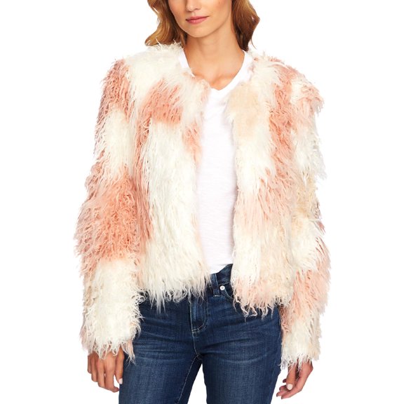 CeCe Womens Shaggy Patchwork Faux Fur Jacket