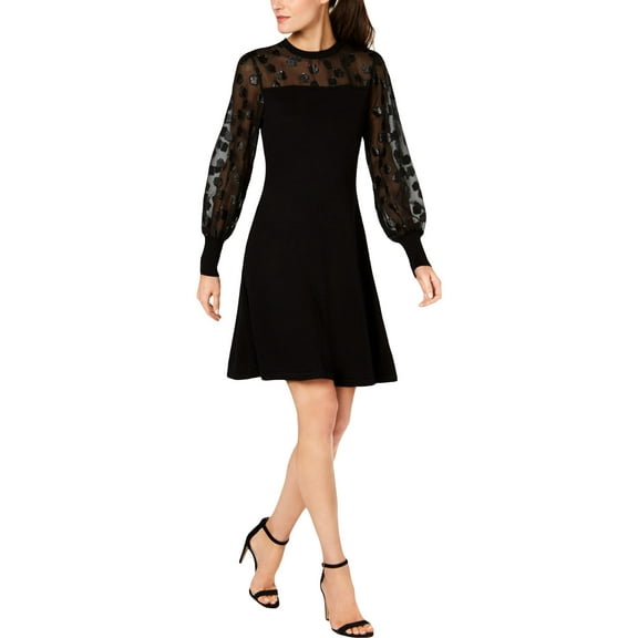 CeCe Womens Sheer Floral Print Sweaterdress Black S