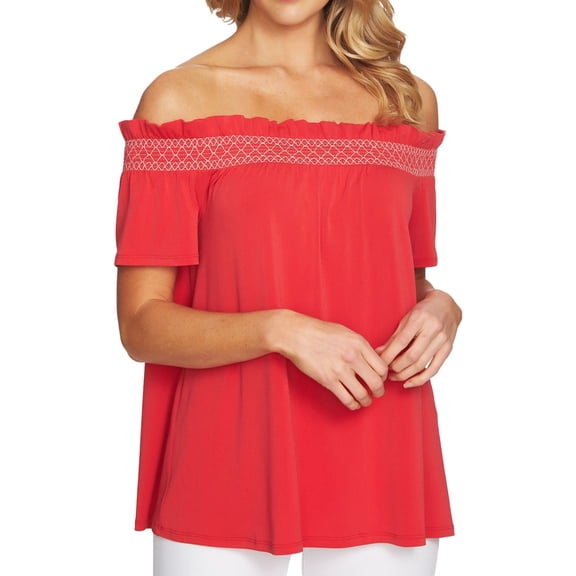 CeCe Womens Smocked Off the Shoulder Blouse, Red, Small