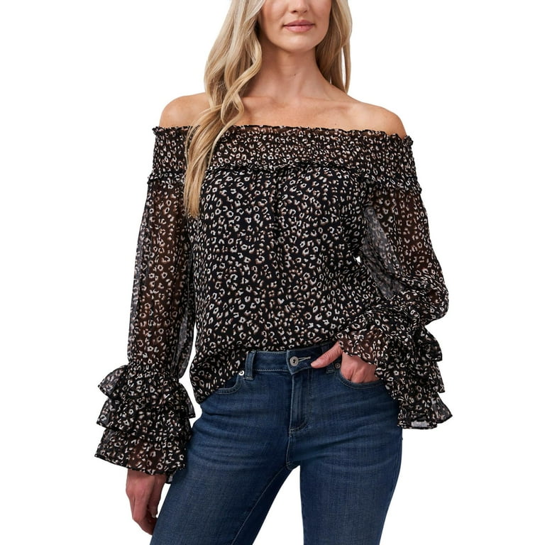 Cece leopard print off the shoulder ruffle blous shop