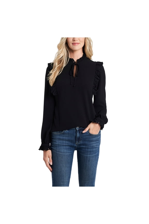 Womens Textured Ruffled Blouse, Black, Large