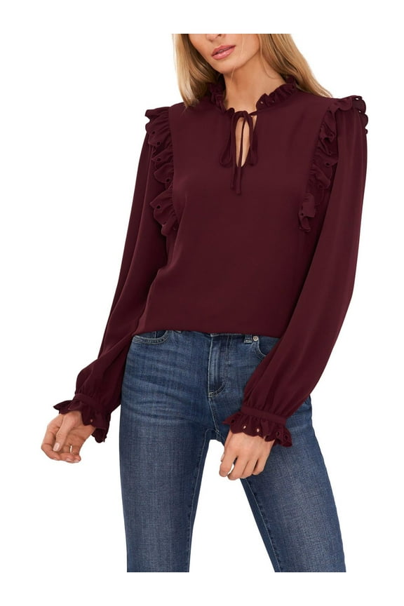 Womens Tie-Neck Ruffled Blouse