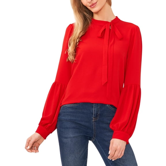 CeCe Womens Tie Neck Textured Blouse