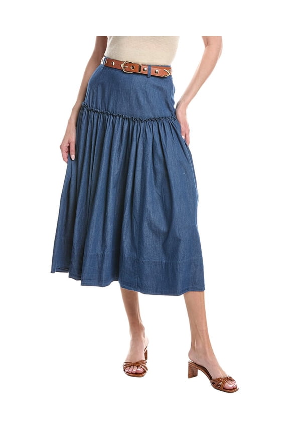 womens Belted Denim Midi Circle Skirt, 6, Blue