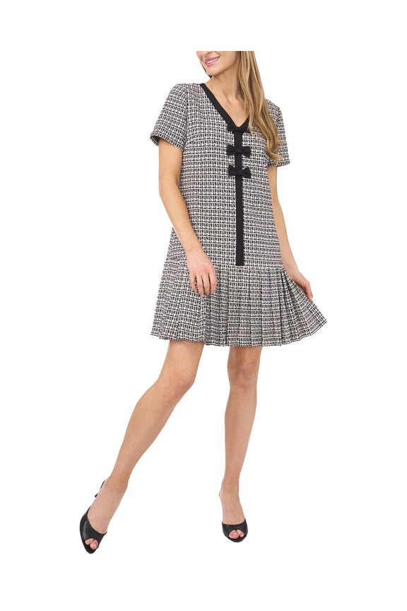 womens  Box Pleat Combo Bow Dress, 2, Black