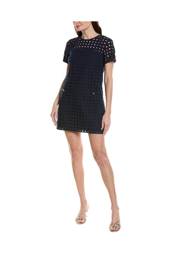 womens Circle Eyelet Shift Dress, xs, Navy