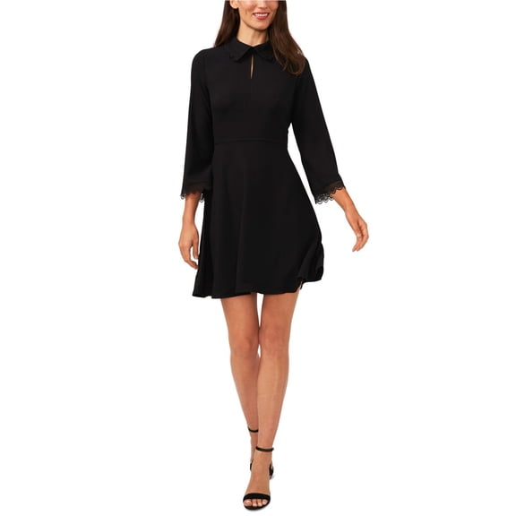 CeCe Womens Scallop Embroidery Above-Knee A-line Dress, Black, 14