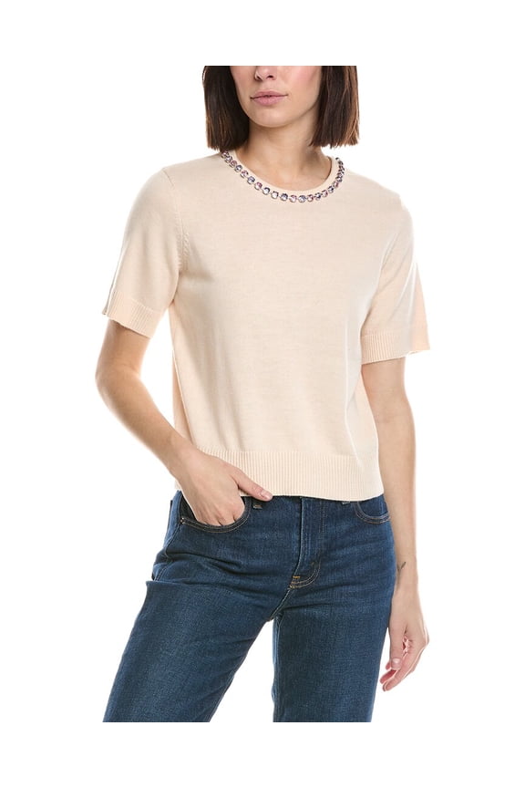 womens Embellished Neck Sweater, l, White