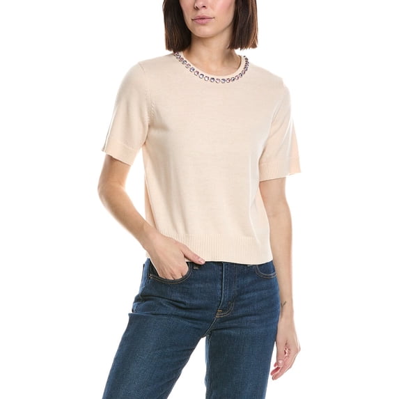 CeCe womens Embellished Neck Sweater, s, White
