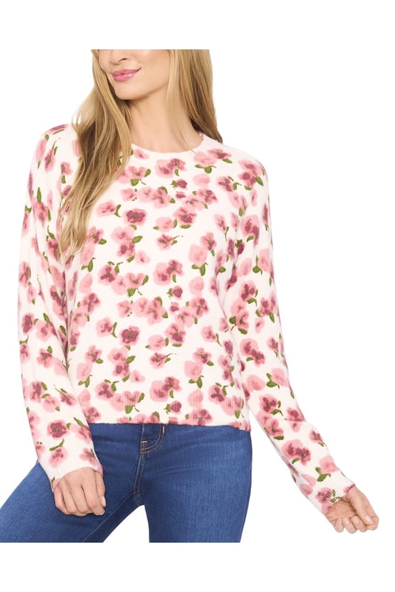 womens Flower Printed Pullover, l, White
