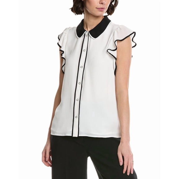 CeCe womens Flutter Sleeve Collared Blouse, m, White
