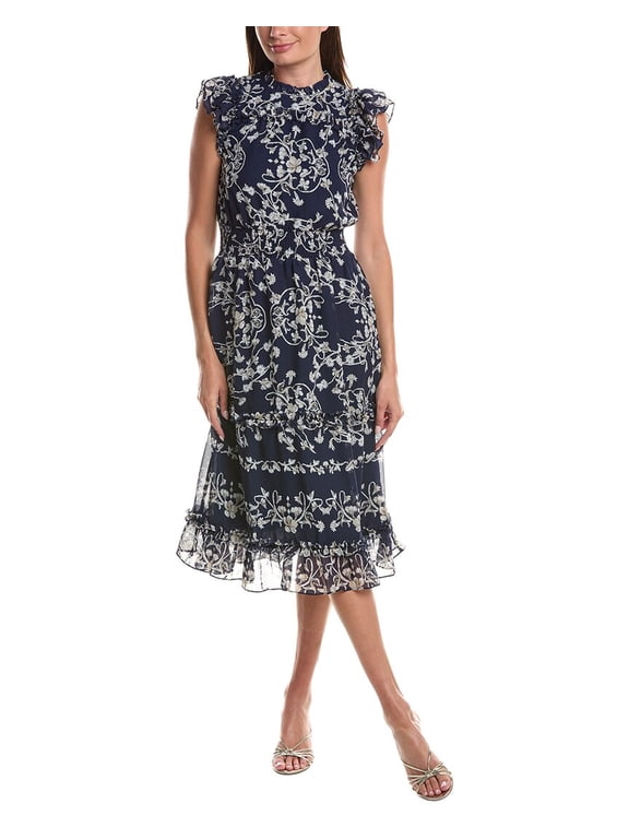 womens Flutter Sleeve Smocked Waist Midi Dress, s, Navy