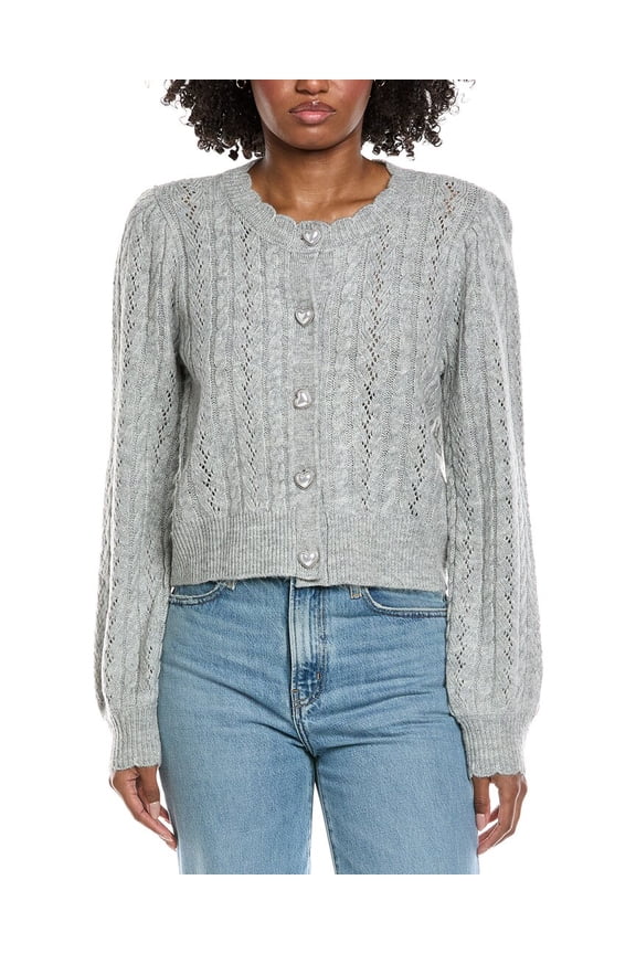 womens Heart Button Pointelle Cardigan, l, Gray