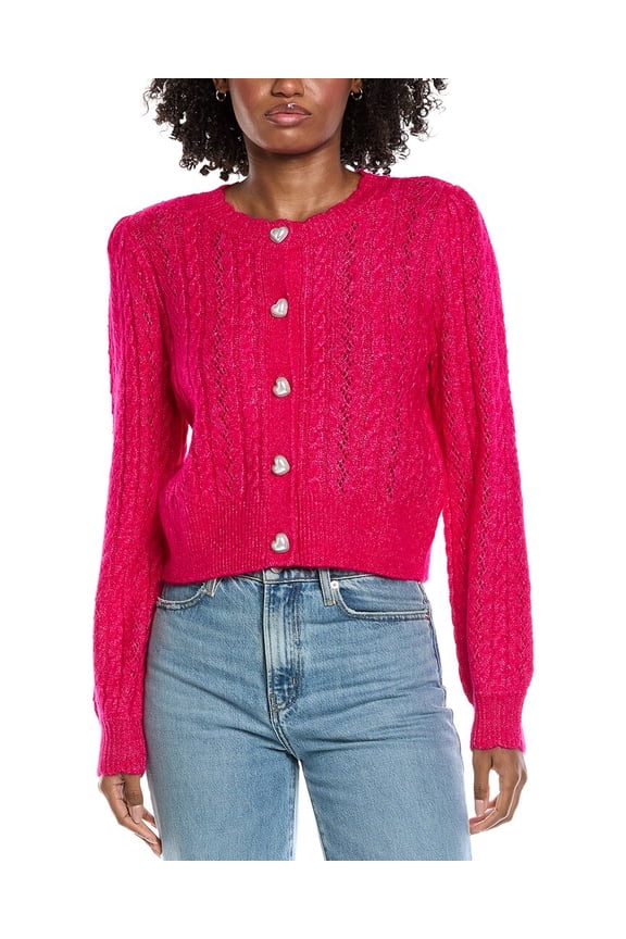 womens Heart Button Pointelle Cardigan, l, Pink