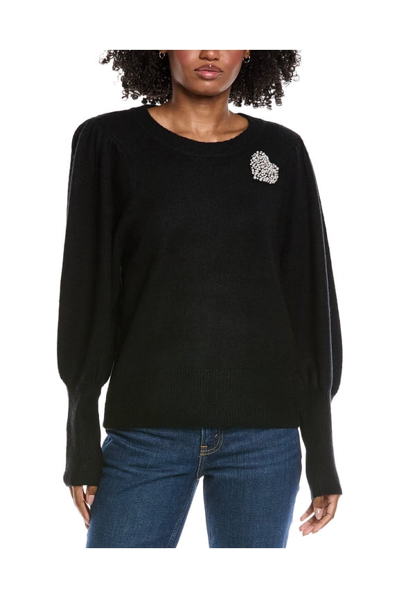 womens Heart Rhinestone Patch Puff Sleeve Sweater, l, Black