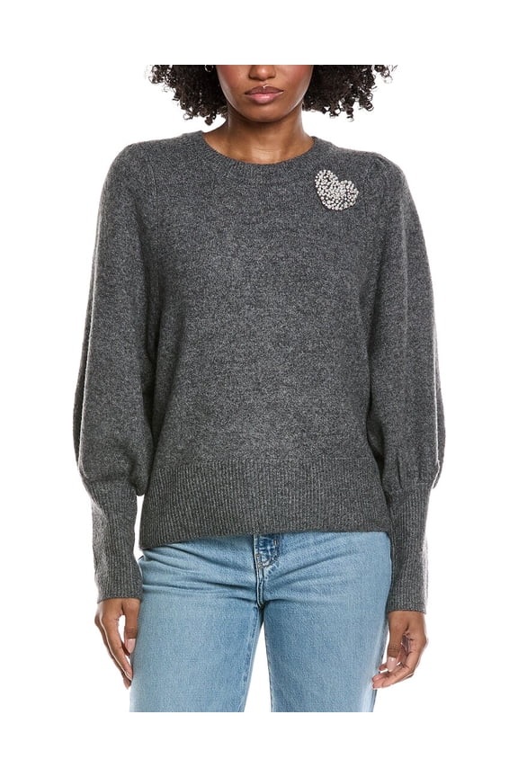 womens  Heart Rhinestone Patch Puff Sleeve Sweater, l, Gray