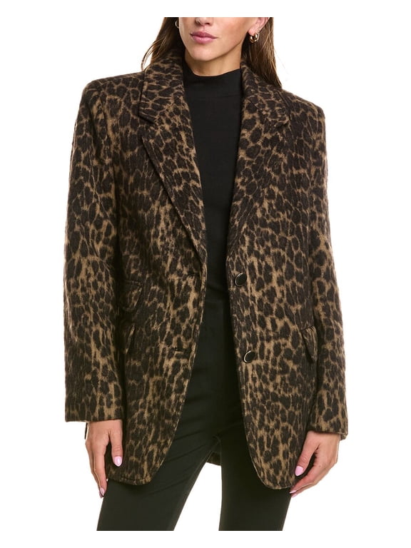 womens Leopard Wool-Blend Blazer, xs, Brown