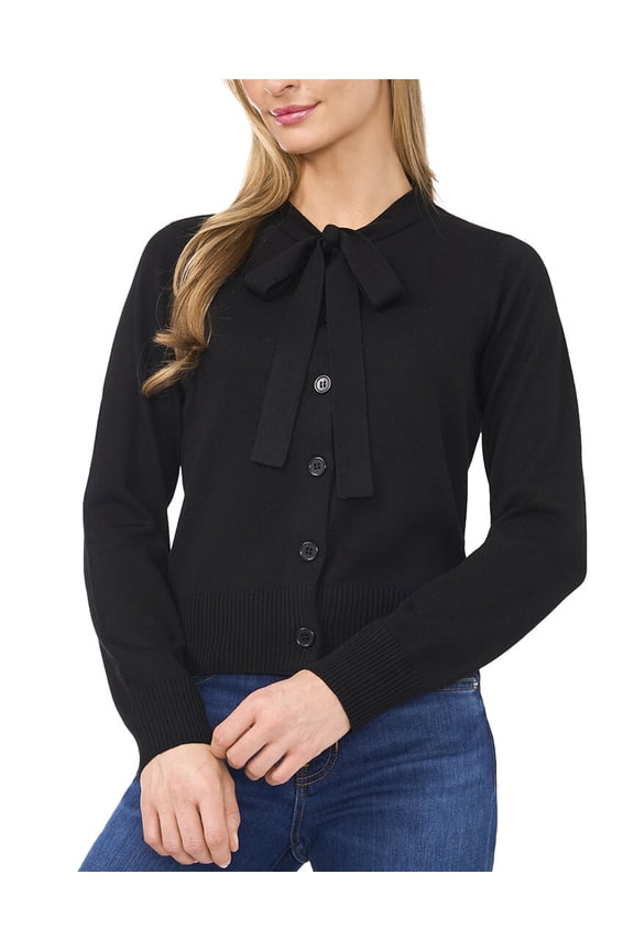womens Neck Tie Wool-Blend Cardigan, l, Black