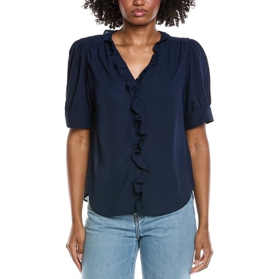 CeCe womens Puff Sleeve Ruffle Top, XL, Navy