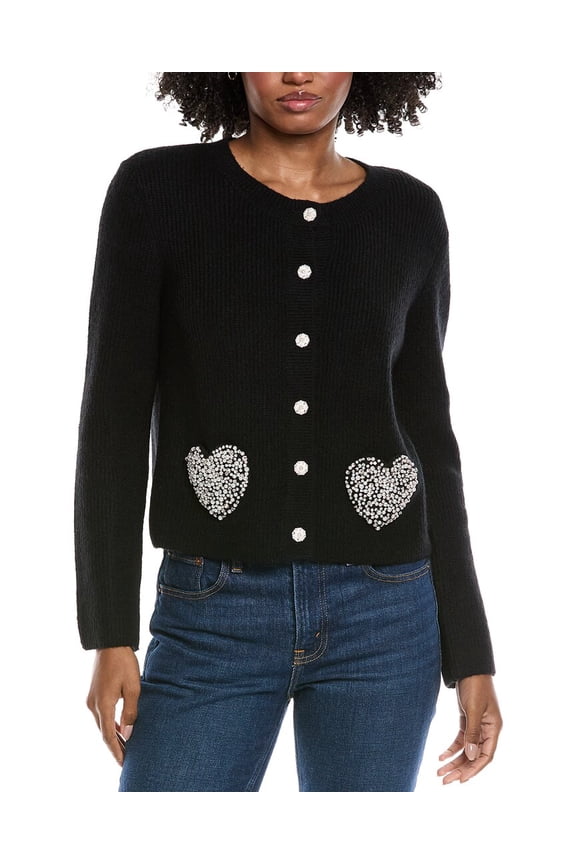 womens  Rhinestone Heart Pocket Cardigan, m, Black