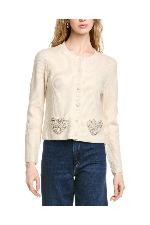 womens  Rhinestone Heart Pocket Cardigan, m, birch