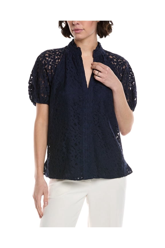 womens Ruffle Neck Raglan Seam Split Neck Blouse, m, Blue