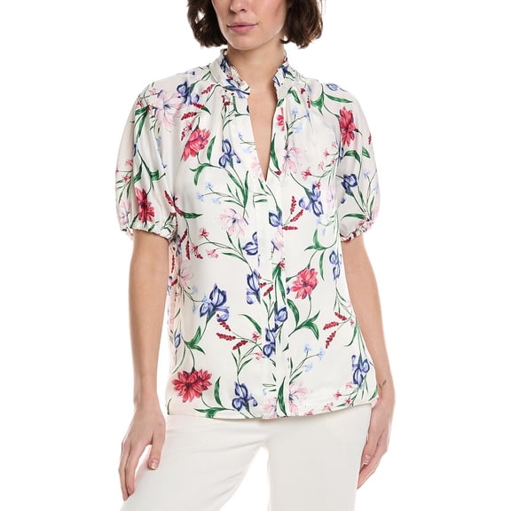 CeCe womens  Ruffle Neck Raglan Seam Split Neck Blouse, m, White
