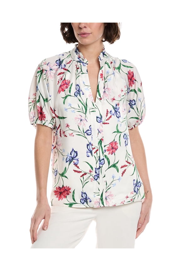 womens Ruffle Neck Raglan Seam Split Neck Blouse, m, White