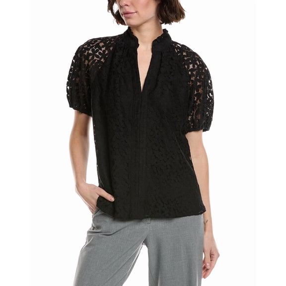 CeCe womens Ruffle Neck Raglan Seam Split Neck Blouse, xs, Black