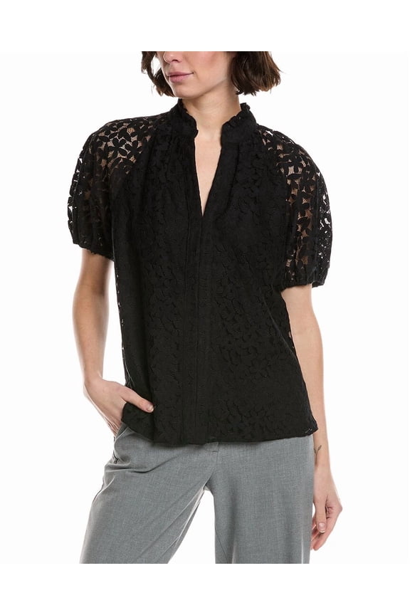 womens Ruffle Neck Raglan Seam Split Neck Blouse, xs, Black
