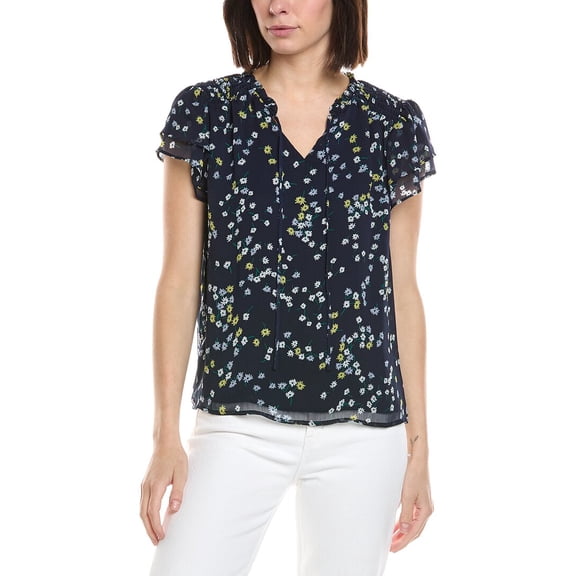 CeCe womens Ruffle Neck Tie Front Blouse, l, Navy