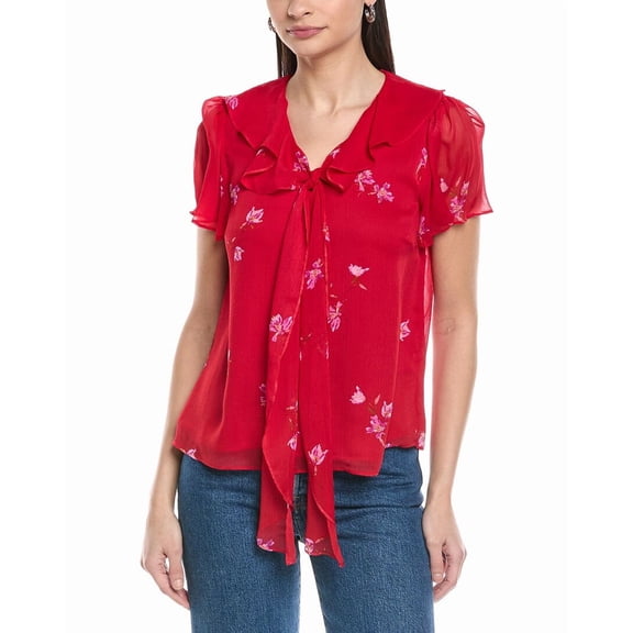 CeCe womens Ruffle Tie Front Top, l, Red