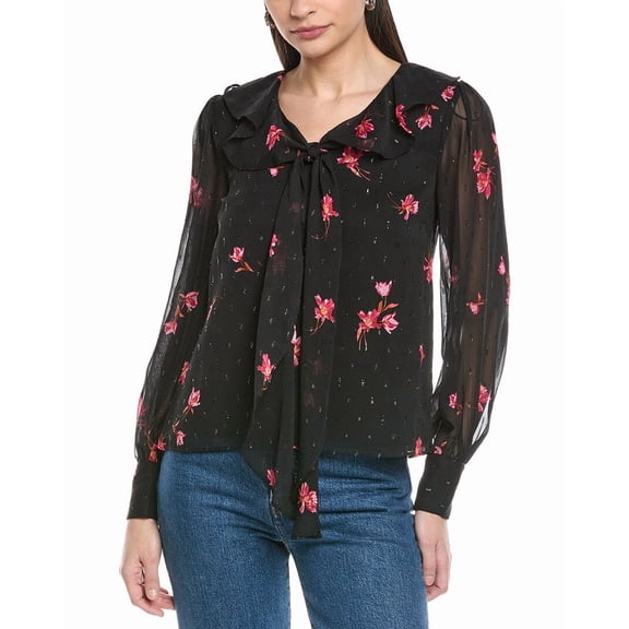 CeCe womens  Ruffle Tie V-Neck Top, XL, Black