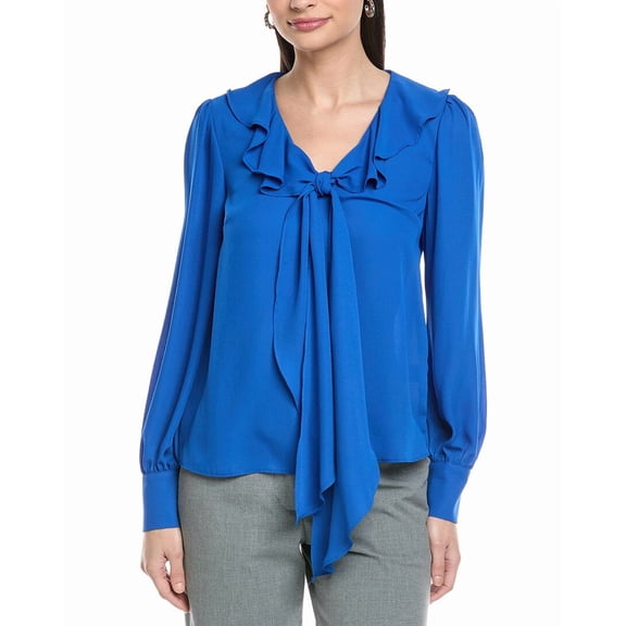 CeCe womens  Ruffle Tie V-Neck Top, l, Blue