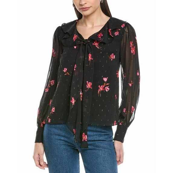 CeCe womens Ruffle Tie V-Neck Top, xs, Black