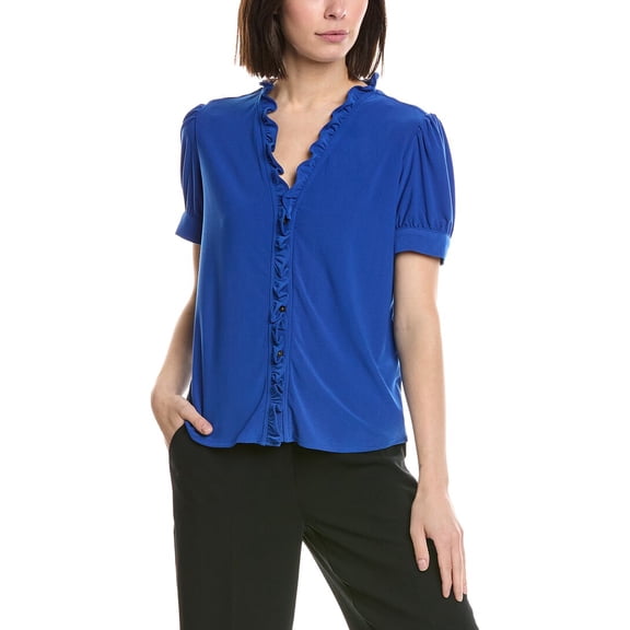 CeCe womens Ruffle Trim Blouse, m, Blue