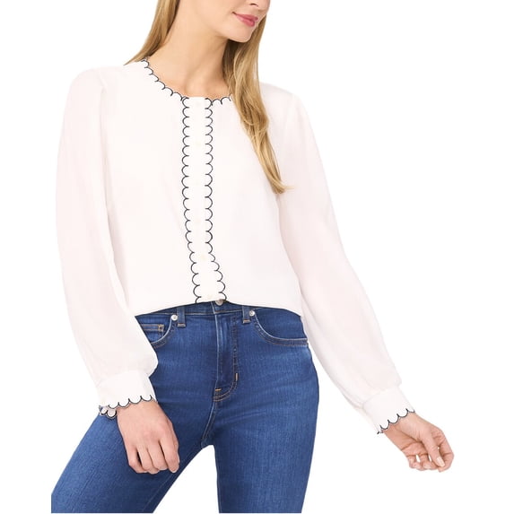 CeCe womens Scallop Detail Button Down Blouse, l, White