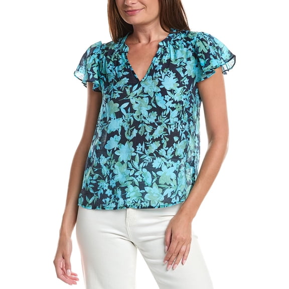 CeCe womens Shirred Neck Flutter Sleeve Blouse, l, Navy