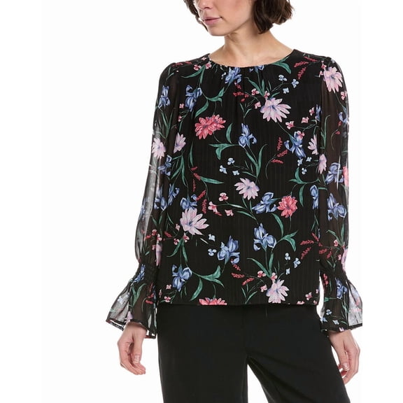 CeCe womens  Smocked Cuff Blouse, xs, Black