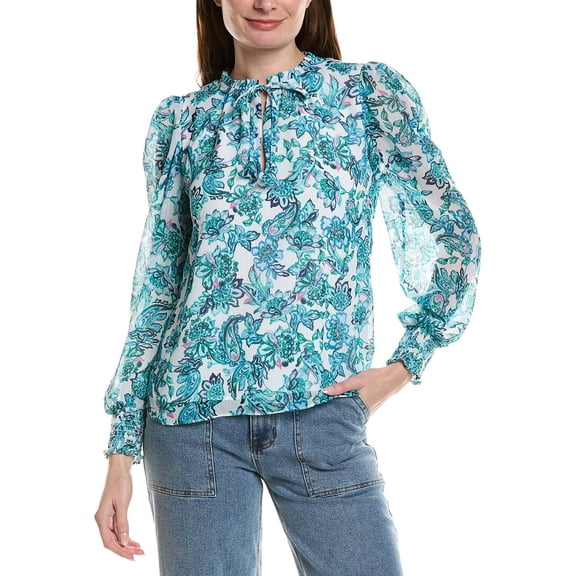 CeCe womens  Smocked Cuff Ruffle Blouse, s, White