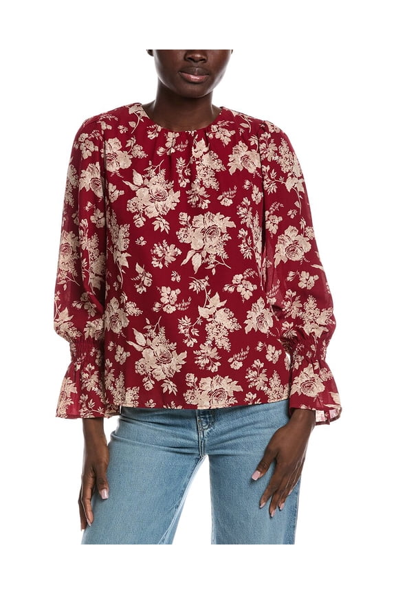 womens Smocked Flounce Sleeve Blouse, s, Red