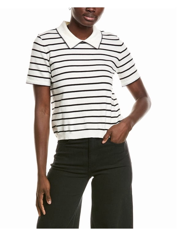 womens Stripe Contrast Trim Collar Top, m, Ivory