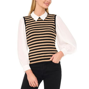 CeCe womens  Stripe Vest Twofer Sweater, XL, Black
