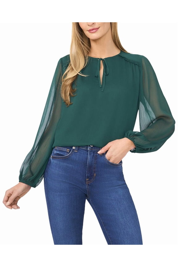 womens  Tie Neck Blouse, xs, Green
