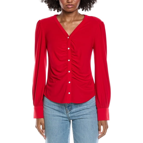 CeCe womens V-Neck Button Down Shirred Blouse, s, Red