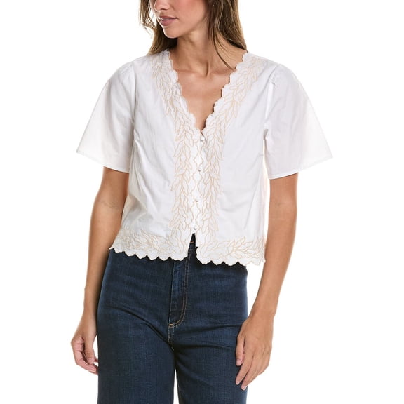 CeCe womens V Neck Embroidered Buttoned Top, m, White
