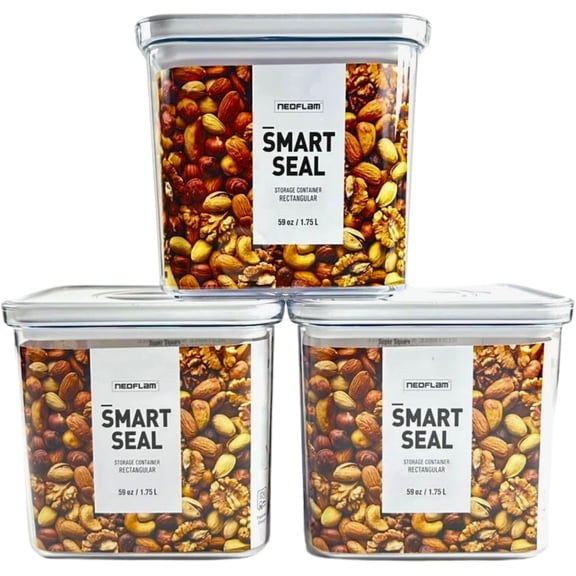 CeXuanTerAirtight Smart Seal Food Storage Container (Set of 3) | Crystal Clear Body | Modular, Stackable, Nestable Design | Easy to Clean, BPA Free (1.75L, Rectangular)